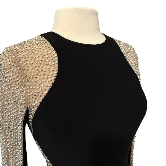 XSCAPE Dress Sz 6 Silver Beaded Black Stretch Mini Illusion Slimming Long Sleeve - Picture 6 of 15